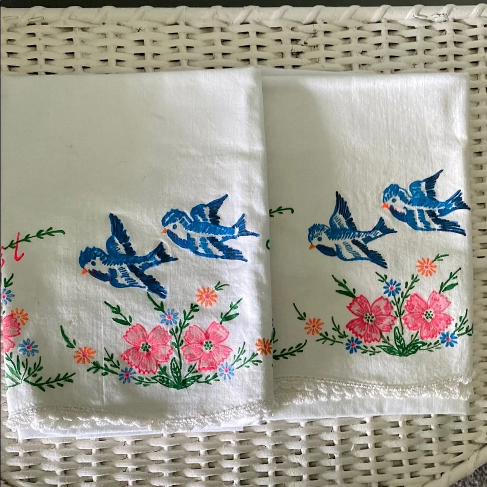 Vintage Pair Of Fabric Painted Bluebird Of Happiness Pillow Cases!